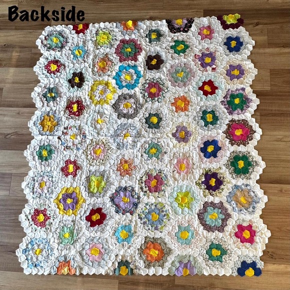 Vintage Grandmother's Flower Garden Quilt Top: Hand Sewn Project Piece 74" x 67" - Picture 6 of 11